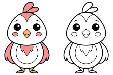 Adorable Cartoon Chicken Coloring Page Illustration Two Cute Chicks One Colored Pink One Ready for Coloring