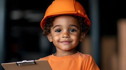 Smiling Toddler in Orange Helmet Holding Clipboard