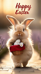 A digitally created image with a light brown Easter bunny holding a small woven basket filled with decorated Easter eggs. The bunny is surrounded by small white and purple flowers. "Happy Easter"