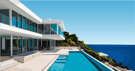 Fototapeta premium A large white house with a pool and a white staircase. The house is on a cliff overlooking the ocean