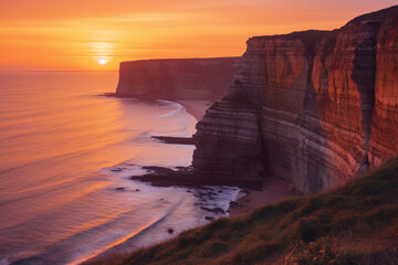 As sun dips below horizon, it paints coastal canvas with a breathtaking palette of radiant golds, fiery oranges, and ethereal purples, casting a spellbinding spectacle against backdrop of cliffs  