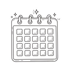 Minimal calendar vector in line art style, featuring a spiral-bound monthly planner with decorative sparkles for an organized and scheduling theme.