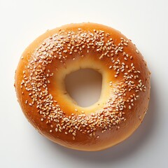 Top-down view of a plain bagel with sesame seeds on a white background. The golden-brown crust and perfect round shape highlight its freshness and texture.