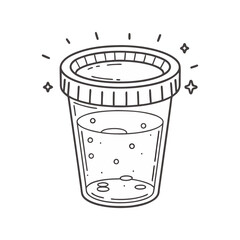 Medical sample container vector in minimal line art style, featuring a sealed cup with liquid and decorative sparkles for a healthcare and laboratory theme.