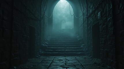 Deep dungeon with chains on the walls, old stone steps, fog, gothic elements, dark atmosphere, cinematic lighting