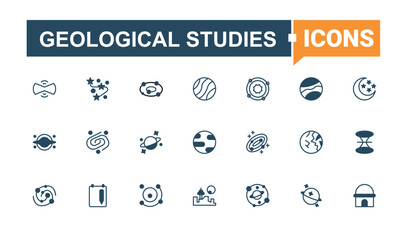 Geological Studies linear icon collection. Related to earth, geological, geography, ground. Geology related icon set. Modern linear icons. Editable vector art and illustration.