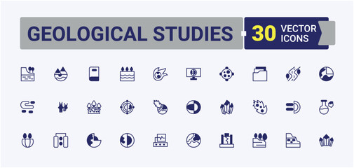 Geological Studies linear icon collection. Related to earth, geological, geography, ground. Geology related icon set. Modern linear icons. Editable vector art and illustration.