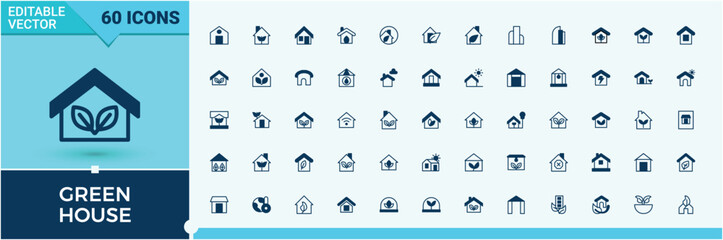 Fototapeta premium Green House icon set. Contains such icons as nature, house, plant, environmental, energy, green, sustainable. Minimal icons collection. Eco related icon. Editable vector. Pixel perfect.