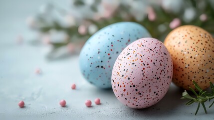 Obraz premium Pastel Easter eggs, spring decorations, festive table setting, holiday background, greeting card