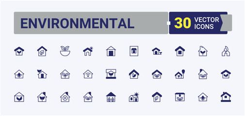 Environmental line icon. Contain linear symbols house, global, pollution, ecology, energy and more. Green House icon set. Modern vector illustration. Outline and solid pictogram.