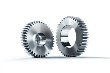 Two metallic gears interlock, symbolizing teamwork, precision, and industrial machinery.
