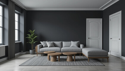 Fototapeta premium Sophisticated living room displaying refined style with gray tones balanced lighting and minimal furniture design
