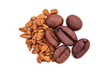 Close-up of instant freeze-dried coffee and whole coffee beans. Isolated on transparent background.