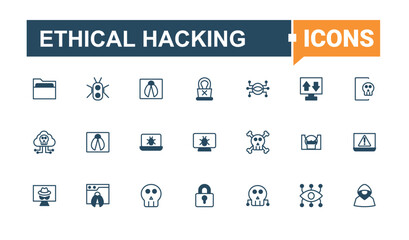 Ethical Hacking icon set. Includes symbols for hacker, fraud, security, crime, hack, cyber and more. Hacking linear icon. Icons for UI design. Outline and solid pictogram.