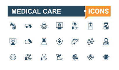 Medical Care linear icon collection. Includes symbols for patient, clinic, medical, disease, treatment, doctor. Health Care line icon. Vector line and solid icons.