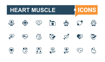 Heart Muscle modern icon set. Includes thin line symbols care, love, cardio. Heart icon set. Minimalist icons collection. Pixel perfect. Vector collections.