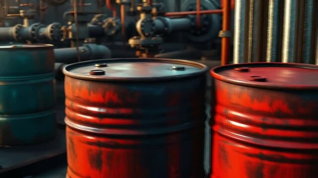 Two oil barrels are on the platform. One is green and the other is red. Smooth repeating motion for background video animation.