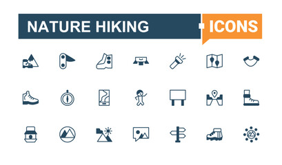 Nature Hiking line icon set. Contains outline symbols like camp, vacation, tourism, mountain, tour, campfire and more. Hiking icon set. Vector icons collection. Editable stroke vector art.