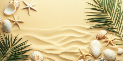 Seashells and Palm Fronds on Sandy Beach