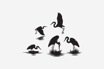 This collection of heron silhouettes showcases the birds in various activities such as flying, fishing, and resting. Designed in a minimalist black and white style