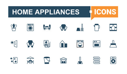 Home Appliances simple icon set. Contains such icons as domestic, kitchen, washer, cook, household and more. Household Appliances icon set. Minimal icons set. Solid line editable stroke.