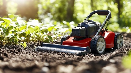 Lawn mower in garden mowing the lawn in sunlight