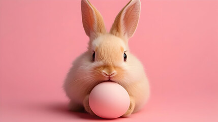 Obraz premium Adorable Fluffy Bunny Holding a Pink Easter Egg Against a Pink Background