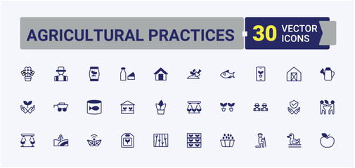 Agricultural Practices icon set. Contain linear sign farming, harvest, veg, vegetable, farmland, plant. Farm And Farming icon. Modern icons collection. Art and illustration.