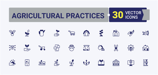 Agricultural Practices icon set. Contain linear sign farming, harvest, veg, vegetable, farmland, plant. Farm And Farming icon. Modern icons collection. Art and illustration.