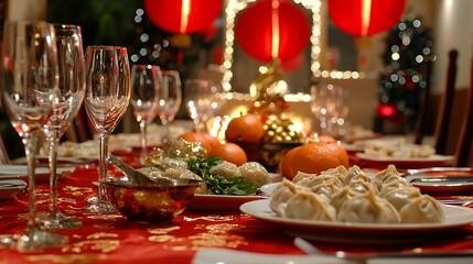 Festive Chinese New Year dinner table, adorned with dumplings, oranges, and elegant glasses