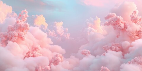 Fototapeta premium A dreamy, pastel-toned landscape featuring trees with soft, blurred edges. The color palette blends pink, peach, and light blue, creating a surreal, ethereal atmosphere. Perfect for backgrounds 