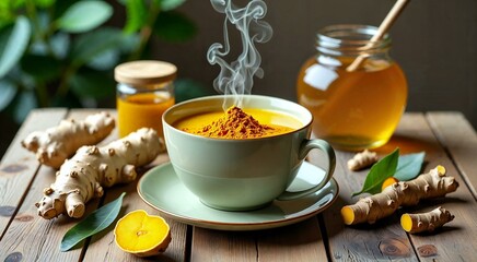 Delightful still-life of ginger turmeric tea with honey and fresh ingredients