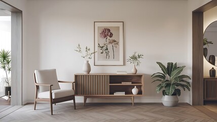 Bright and airy living room with white walls, plants, and natural light