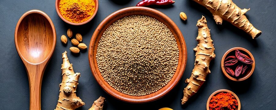 Flat lay of cumin seeds and traditional Ayurvedic spices on a rustic plate