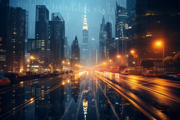 Behold, a captivating tableau of an urban metropolis, shrouded dense veil of ethereal mist, where colossal skyscrapers pierce heavens, city lights flicker like distant stars, and an enigmatic ambiance