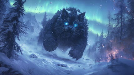 Fototapeta premium giant yule cat in a winter forest – perfect for holiday-themed fantasy artwork, folklore-inspired designs, and festive storytelling