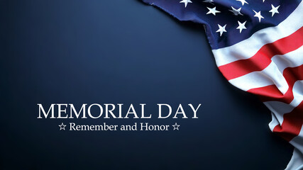 American US flag on dark blue background, text memorial day remember and honor, memorial day holiday celebration and background
