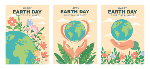 Earth day poster set with globe, hands, flowers, and the text Save the Planet. Set of Happy Earth Day banners. Illustration.