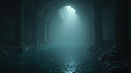 Deep dungeon with underground lake, gothic columns, fog over water, dark lighting, cinematic shot, horror movie style