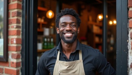 Obraz premium UK, London, Portrait of smiling cafe black owner at doorway
