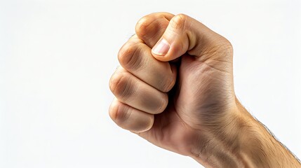 A human hand making a fist, photographed closeup and isolated on a white background, focuses on the concept of strength or solidarity