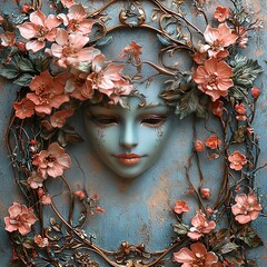 Porcelain doll face adorned with flowers, framed in ornate metal, against textured blue background.  Ideal for fantasy, art, beauty, or spirituality concepts