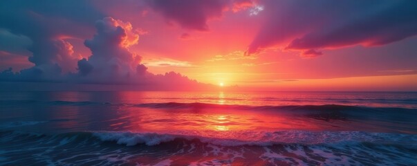 Fototapeta premium Crimson and orange streaks illuminate the tranquil seascape at daybreak , sunrise, sun rays, landscape