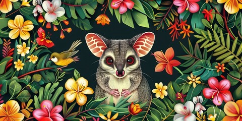 Vibrant illustration of a Green Ringtail Possum surrounded by tropical flowers colorful birds and lush foliage bold and artistic style intricate details and a lively immersive environment