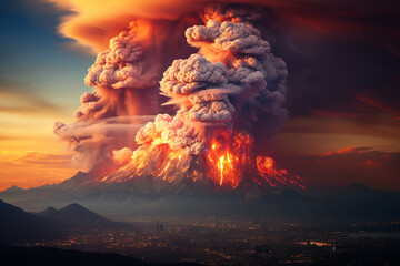 spectacle of a volcano, its fiery explosion and billowing ash plume, evoking a profound sense of imminent peril and captivating wonder
