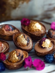 Fototapeta premium Decadent chocolate eggs with gold leaf and fruit toppings on marble plate