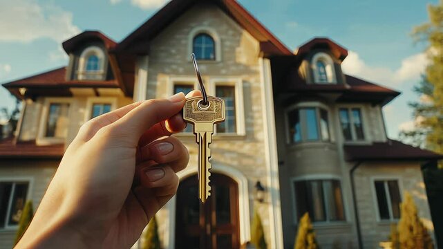 New homeowner celebrates receiving keys to beautiful house in sunny neighborhood