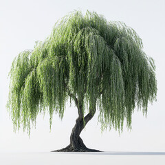 A realistic 3D rendering of a willow tree featuring gracefully drooping branches with lush green foliage. The tree has a textured, curving trunk and is set against a plain white background