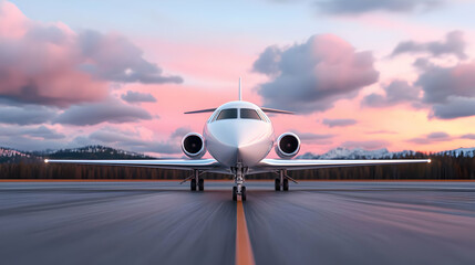 White Private Jet on Runway at Sunset with Mountain Background