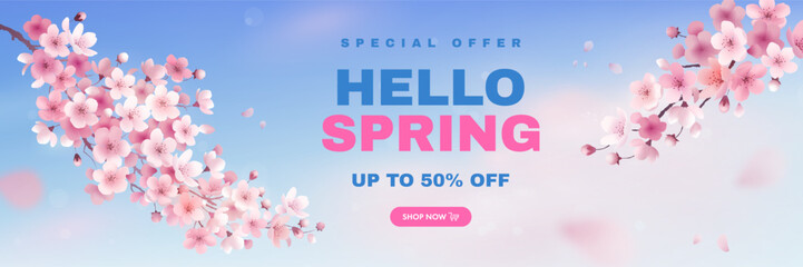Spring sale banner design template with realistic sakura. Discount background. Vector illustration of realistic blossoming sakura flowers on blue sky background. Vector illustration © AM_art